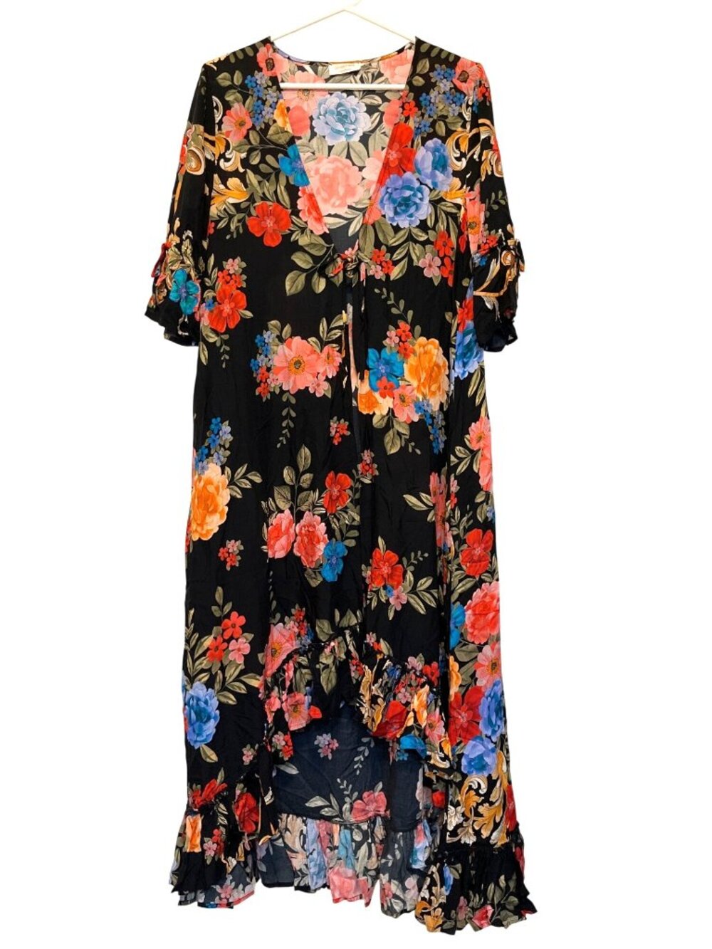 Johnny Was Black Floral High-Low Ruffle Kimono With 3/4 Sleeves